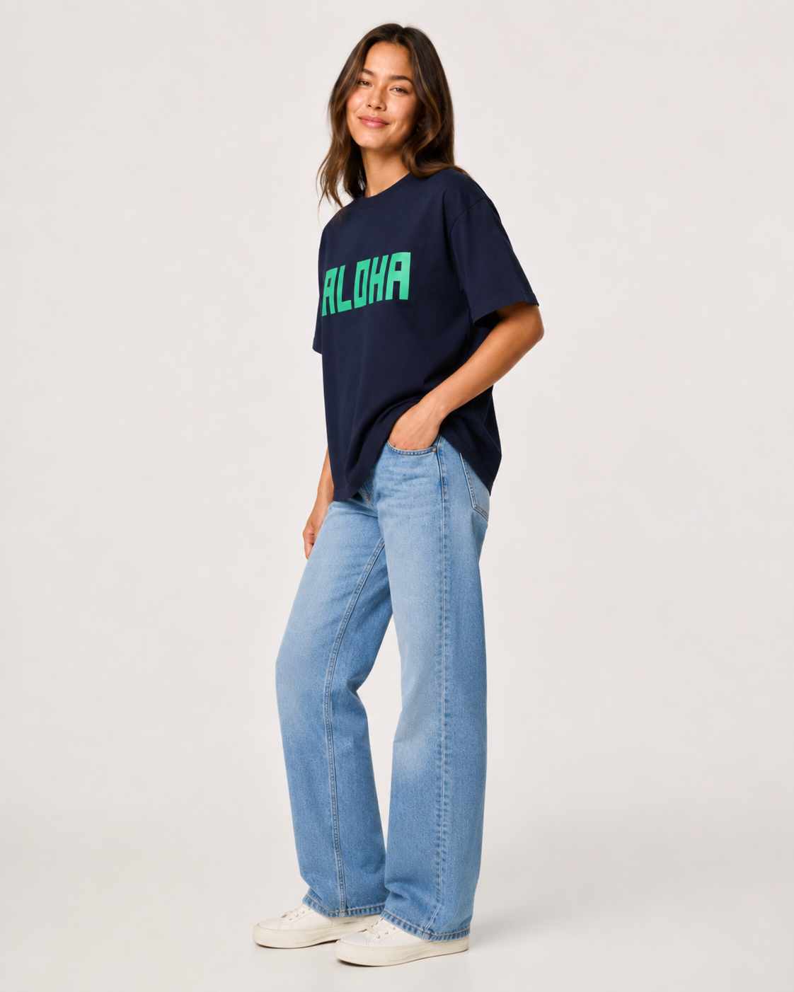 BLOCK ALOHA TEE IN NAVY