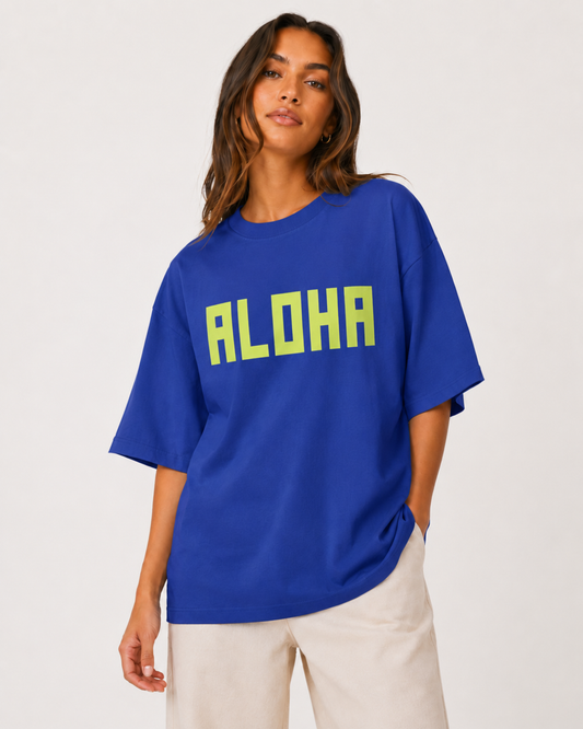 BLOCK ALOHA TEE IN COBALT BLUE